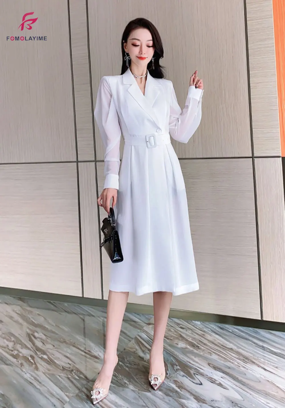 

2021 spring dress temperament suit collar design with waist belt to close the waist and knee-length Dresses for women