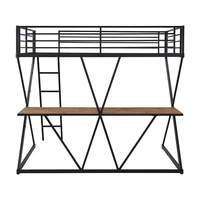 Two Colors Steel Twin Loft Bed with Desk, Loft Bed with Ladder and Full-Length Guardrails, X-Shaped Frame Bedroom Furniture