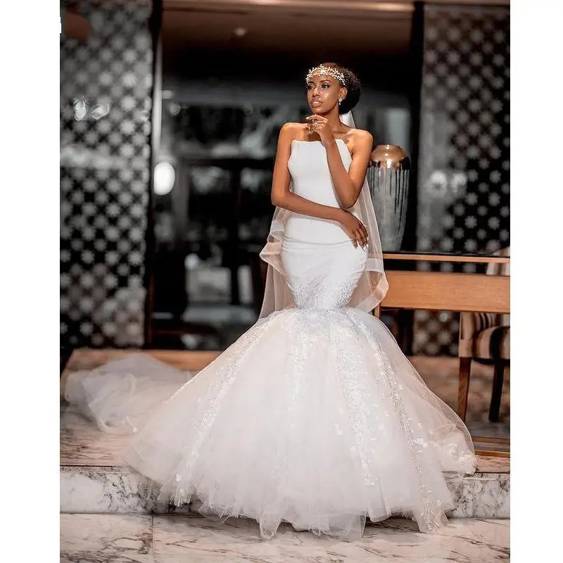

Vintage Strapless Mermaid Wedding Dresses Sleeveless Vestidos de noiva Africa Lace Applique Plus Size Bridal Gowns
