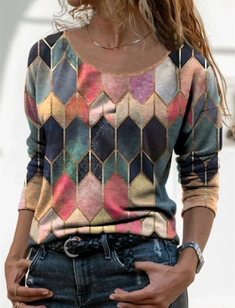 

Geometric Print Vintage Loose Woman Tshirts O Neck Long Sleeve Casual Fashion Pink Tops Elegant Lady Streetwear Plus Size Autumn
