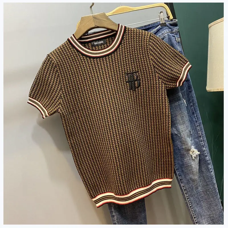 

Men's round neck autumn and winter short sleeve sweater fashion half sleeve bottom coat Plaid youth slim fitting sweater