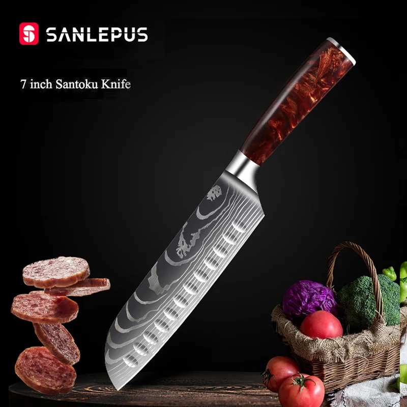 

SANLEPUS Santoku Knife 7 inch Kitchen Chef Knives Classic Pattern Japanese Stainless Steel Sanding Laser Pattern Vegetable Knife