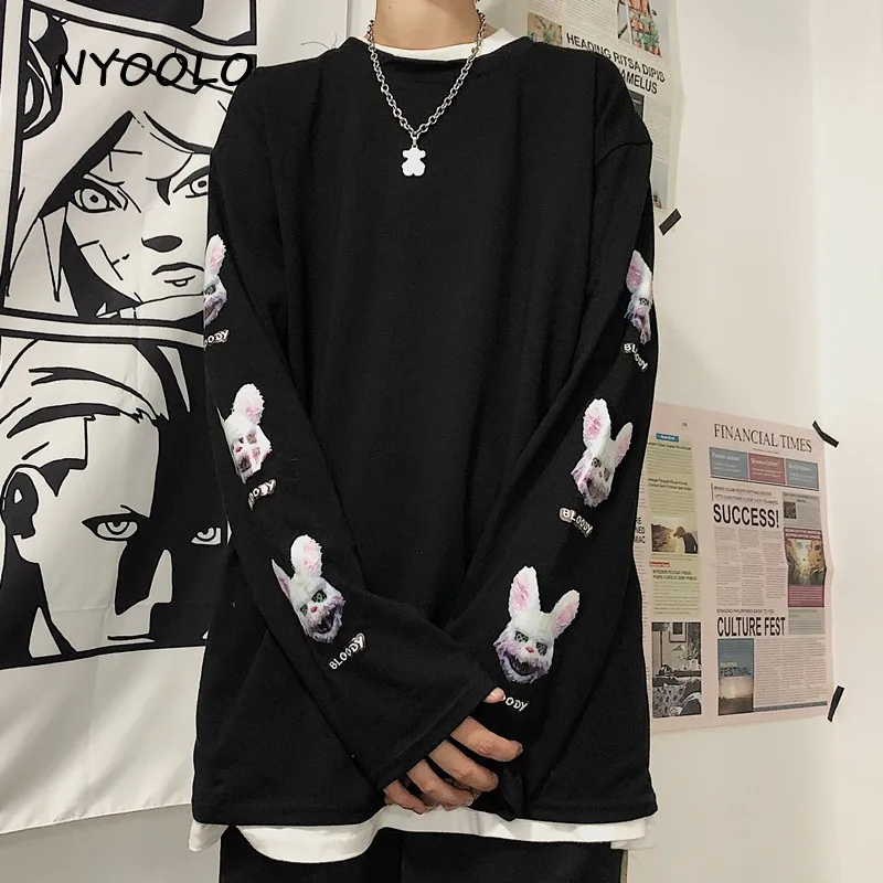 NYOOLO Harajuku уличная свободная футболка с принтом кровавых кроликов, осенняя футболка с длинным рукавом и круглым вырезом, пуловеры, футболка для женщин и мужчин