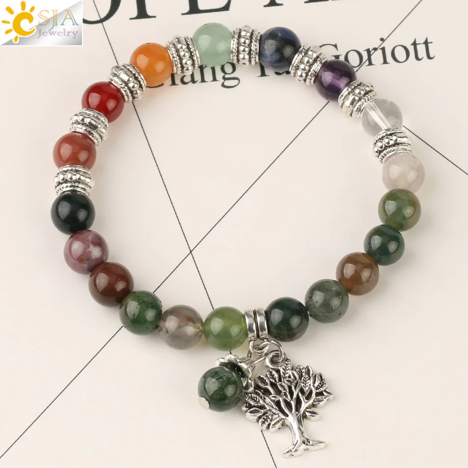 Indian Agate Csja рейки натуральный камень 7 Чакра Дерево жизни браслет смешанные цвета бисера Баланс йога браслет для женщин мужчин целебные ювелирные изделия G166 - Окраска металла: Indian Agate