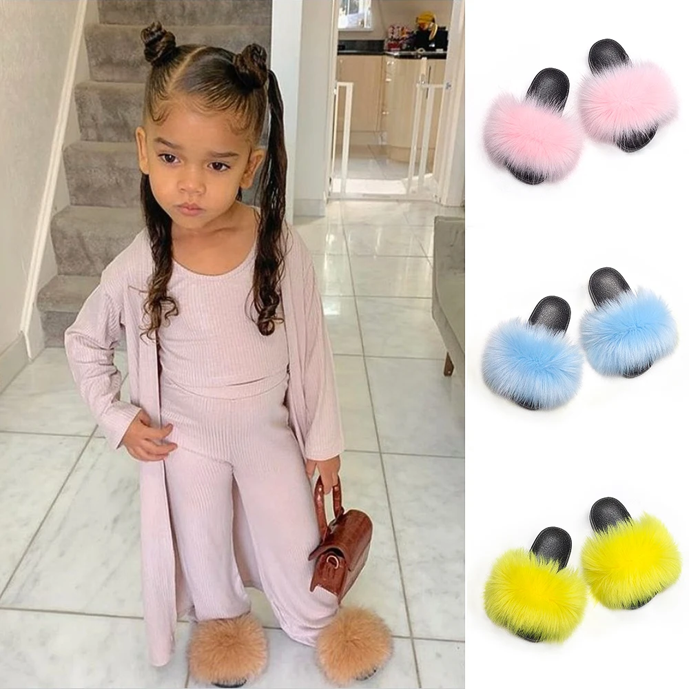 

Kids Fur Slippers Fluffy Flip Flops Girls Summer Faux Fox Sandals Children Cute Plush Raccoon Fur Slides Furry Cozy Flat Shoes