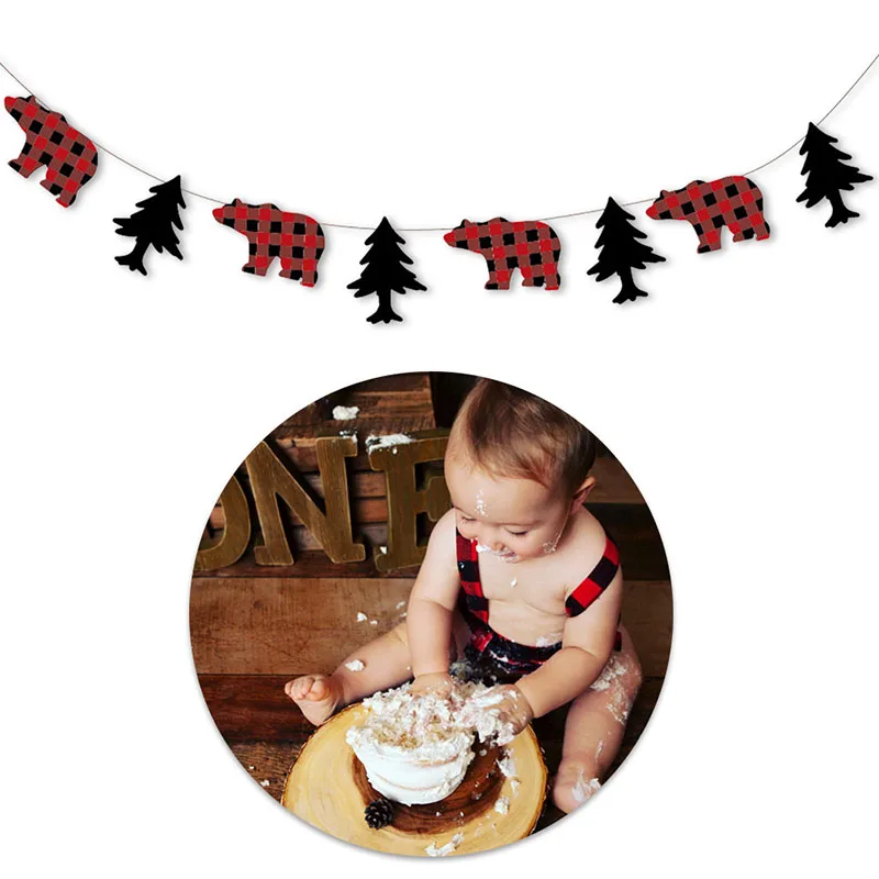 Lumberjack праздничные баннеры в клетку с изображением медведя и дерева Висячие для