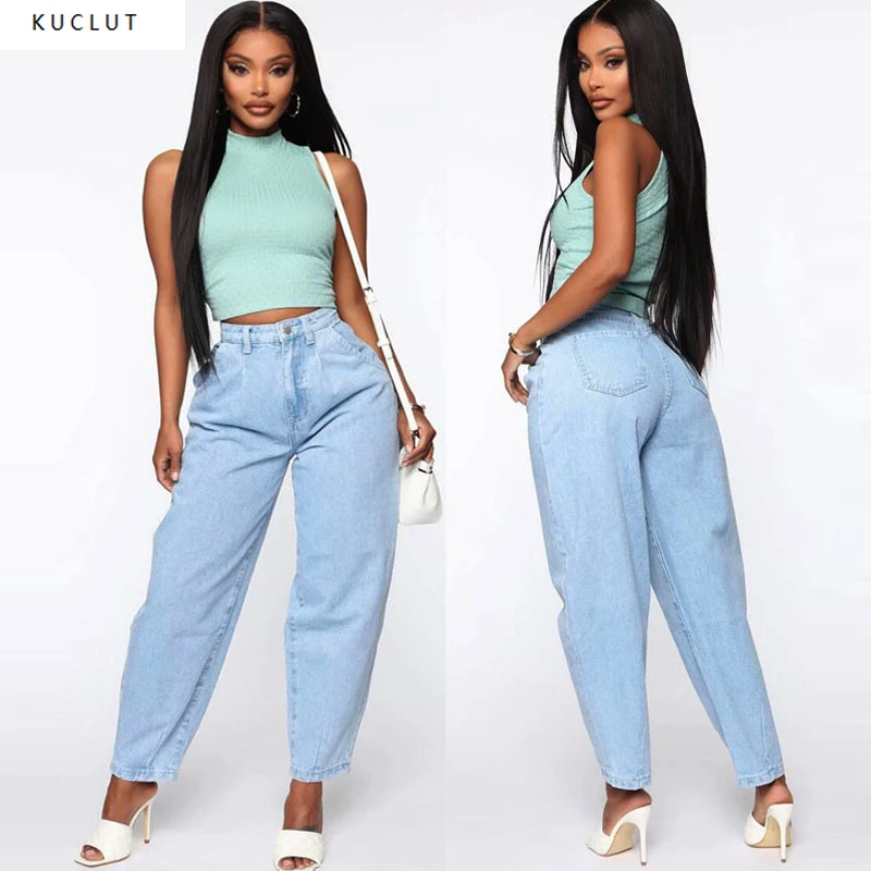 

LIBERJOG Women Mom Jeans Blue High Waist Solid Casual Loose Wide Leg Denim Pants Spring Autumn Female Large Size Befree