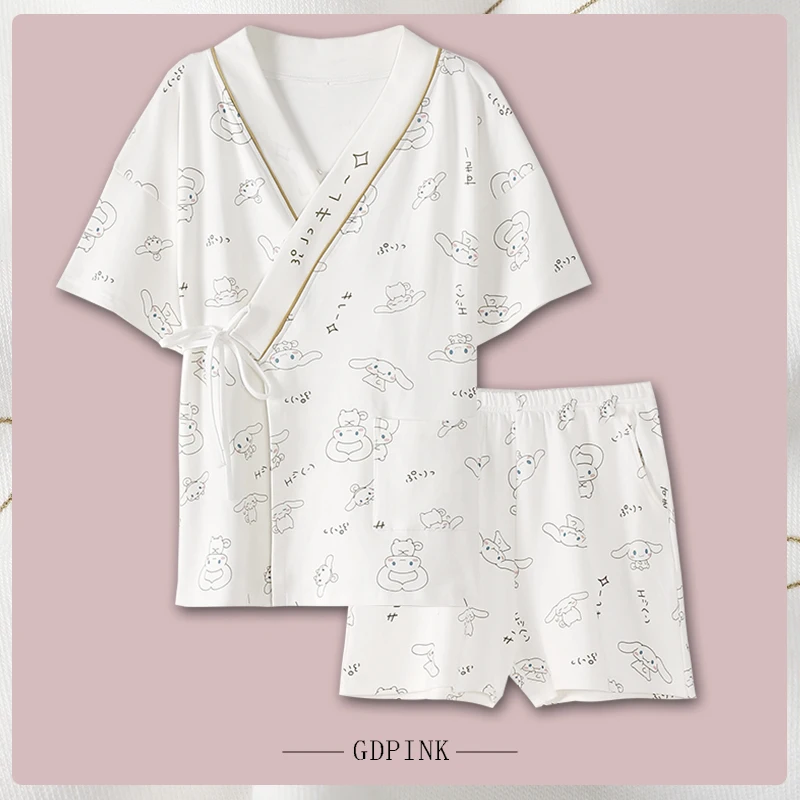 

Japanese Style Kimono Pajamas For Women Summer Nightgown Cotton Bathrobe Kawaii Big Ear Dog Strawberry 2 Piece Homewear Yukata