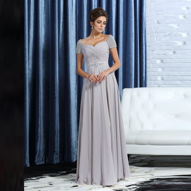 

Silver Mother Of The Bride Dresses A-line V-neck Short Sleeves Chiffon Beaded Plus Size Long Groom Mother Dresses For Weddings