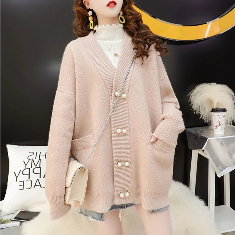 Женский двубортный кардиган с жемчужинами повседневный однотонный плотный V