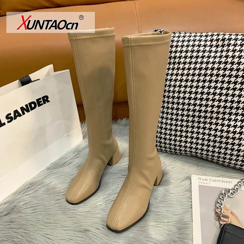 

Fashion Square Heels Soft Leather Women Boots 2021 PU Thick Bottom Sexy Shoes Spring Sewing Patchwork Sweet Zipper