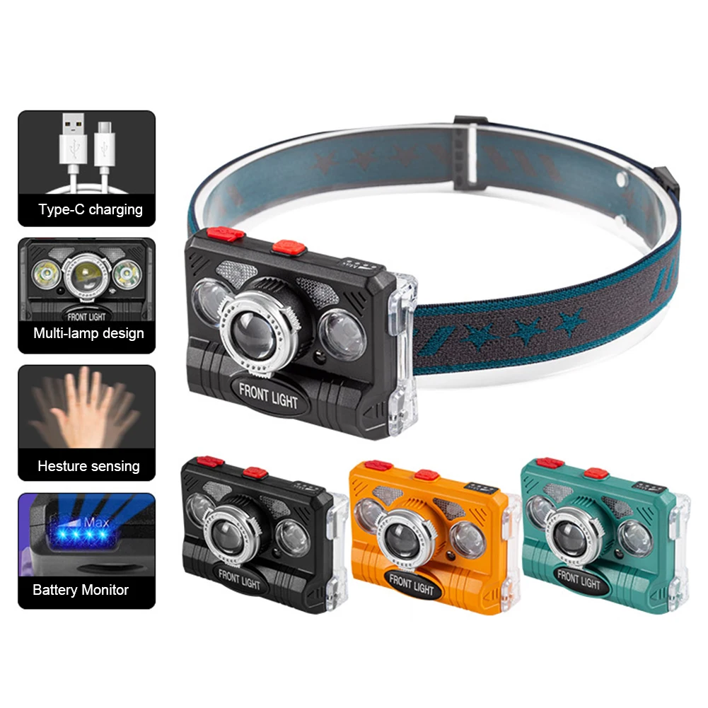 

1PC Portable Headlamp USB Rechargeable Motion Sensor Powerful Headlight 7 Modes Waterproof Headlight for Camping Cycling Fishing