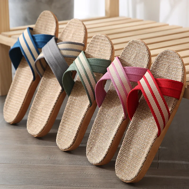 

Natural Linen Indoor Slippers Summer Home Men Women's Shoes Wear-resistant Thick-soled Household Floor Soft Unisex Female Slides