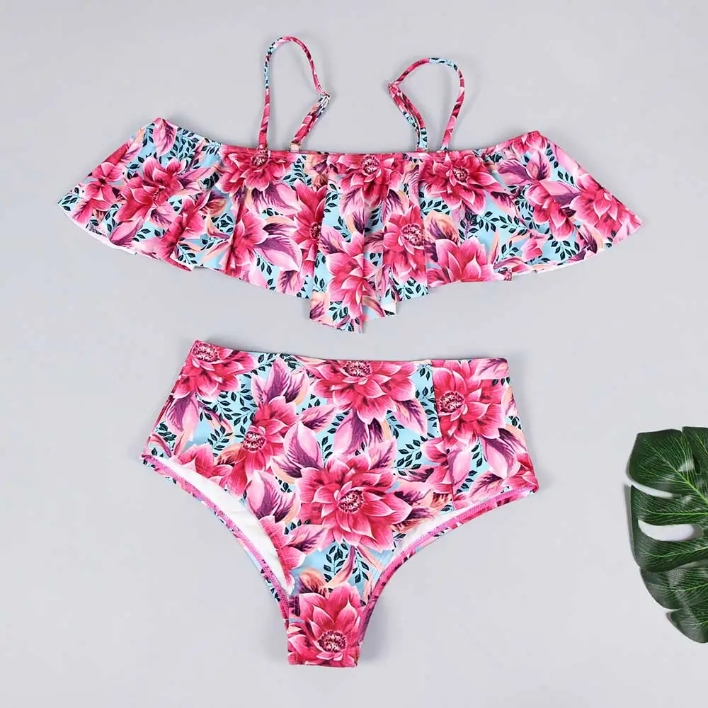 Купальник бикини женский однотонный с чашками пуш ап и рюшами|Купальники| |