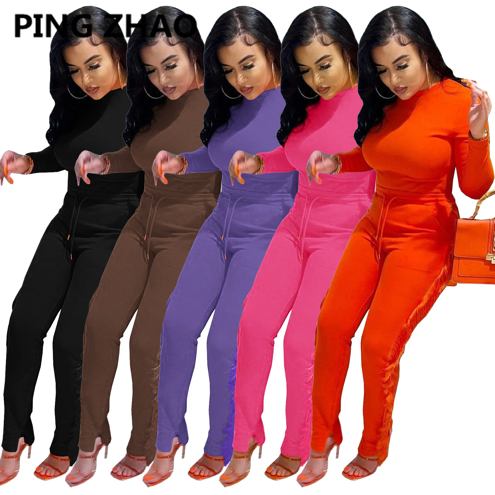 

PING ZHAO Women Two Piece Set Solid Long Sleeve Slim T-shirt and Side Tassel Pants Suit Female Casual Tracksuit Outfits