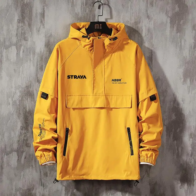 

Модная мужская велосипедная ветровка Strava, короткая ветрозащитная одежда для велоспорта, модная уличная спортивная куртка с капюшоном, горн...