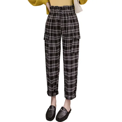 Свободные 2019 осенние модные клетчатые Pantalon с высокой талией повседневные
