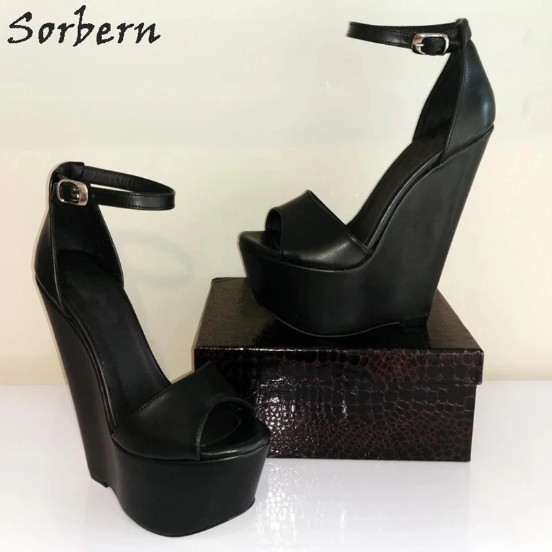 

Sorbern Black Matt Sandals Ankle Strap Summer Shoes For Ladies Platform Wedge High Heels Wedge Shoes For Office 2020 New