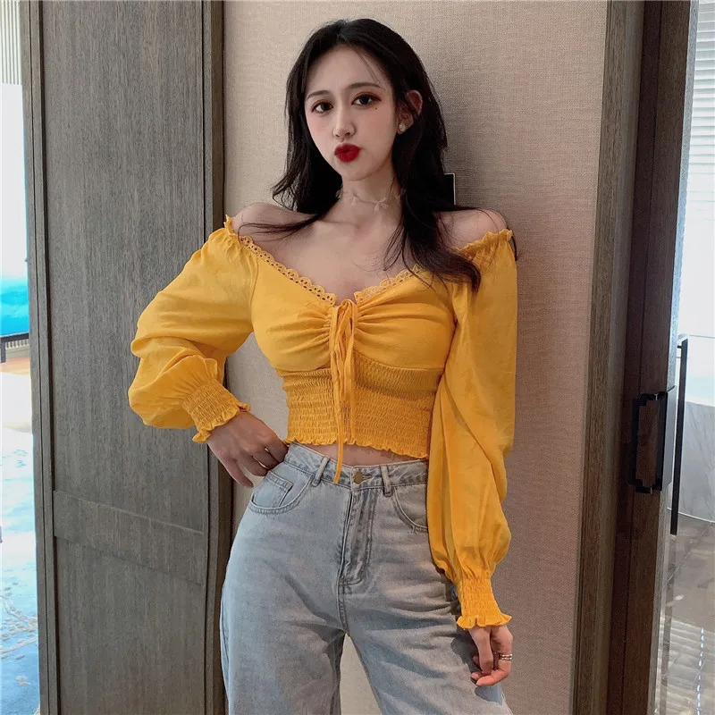 Blusas mujer de moda однотонные с вырезами расклешенными рукавами v образным вырезом в