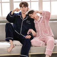 winter flannel couple pajamas women thickened warm long sleeve trouser suits nightwear embroidered letters home wear loungewear