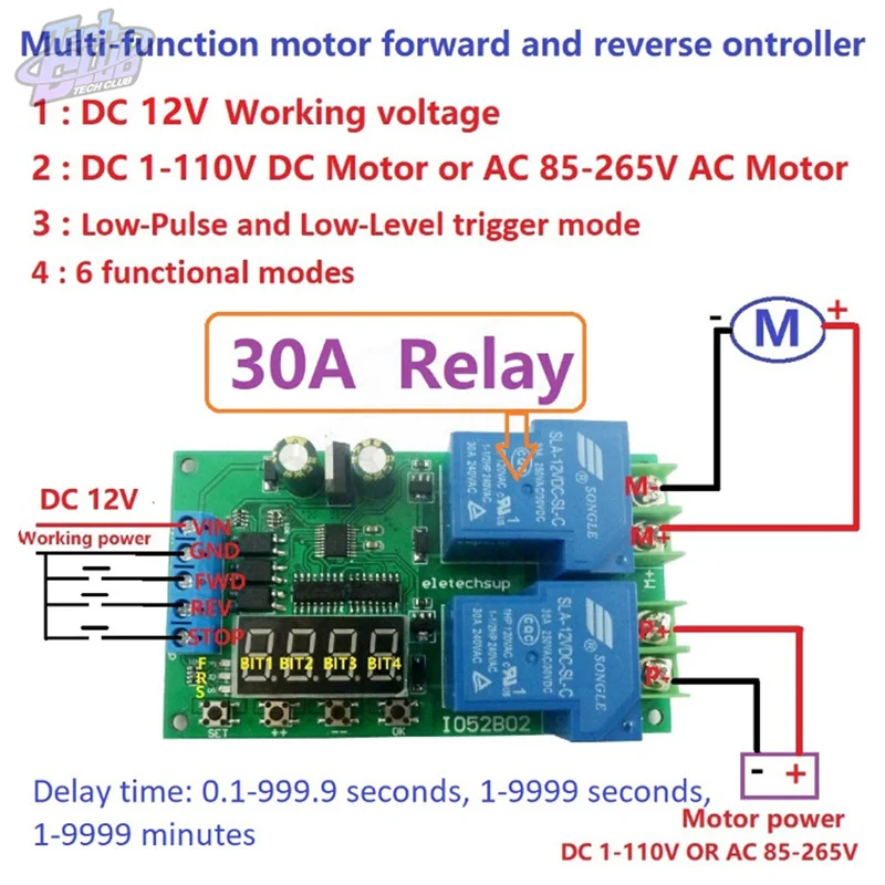 12V 30A Multifunction DC/AC Motor Drive Controller Relay Board Forward Reverse Control Automatic Timing Delay Cycle Start Switch