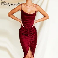 colysmo satin party dress women red spaghetti straps cowl neck ruched backless sexy long dresses summer club vestidos 2020 new