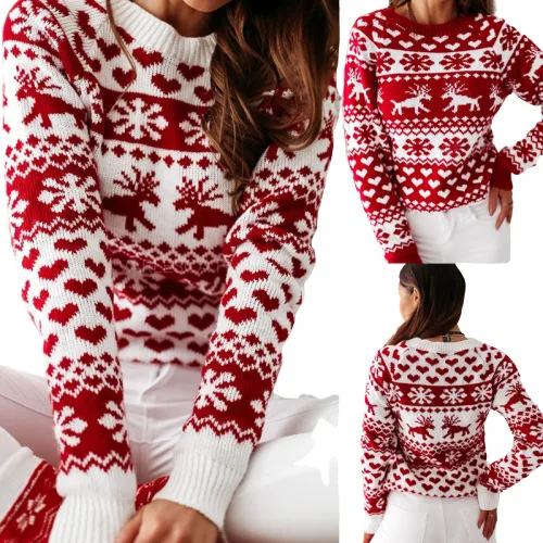 Рождественский женский свитер с рождественским принтом Санта-Клауса вязаный