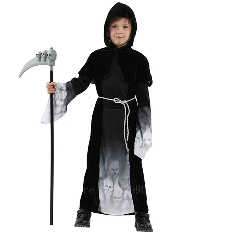 Robe Headgear Belt Детские страшные маскарадные костюмы на Хэллоуин, карнавальные маскарадные костюмы с черепом, привидениями, угрюмыми жнецами, Необычные халаты, головные уборы - Цвет: Robe Headgear Belt