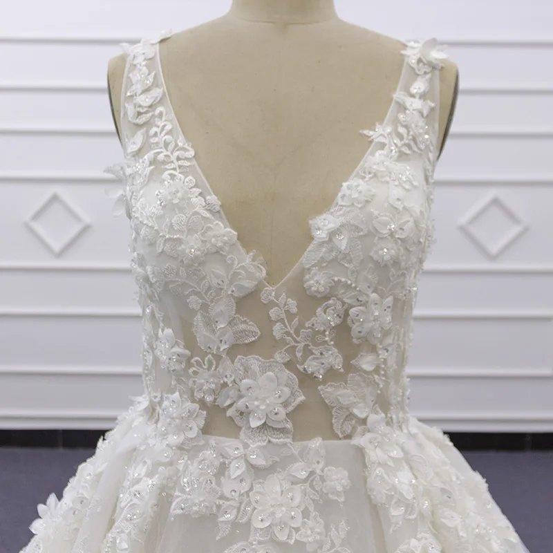 Eslieb V Neck 3D Flower Wedding Dresses Long Lace Embroidery Bridal Gown Elegant Plus Size Vestido De Noiva Bling Zipper SJ009