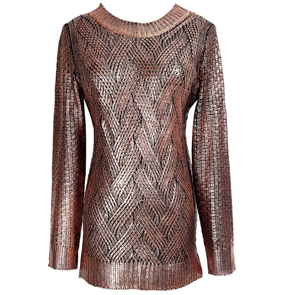 Shinny Bronzing Glitter Knitwear Ladies Gold Silver Round Neck Sweaters Casual Women Pullovers | Женская одежда