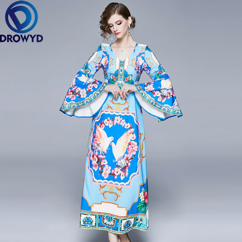 

DROWYD Snordic Blue Print A-line Maxi Dress Casual Women Fashion Girl Boho Ruffle Sleeve V-neck Dresses 2019 Queen New Vestidos