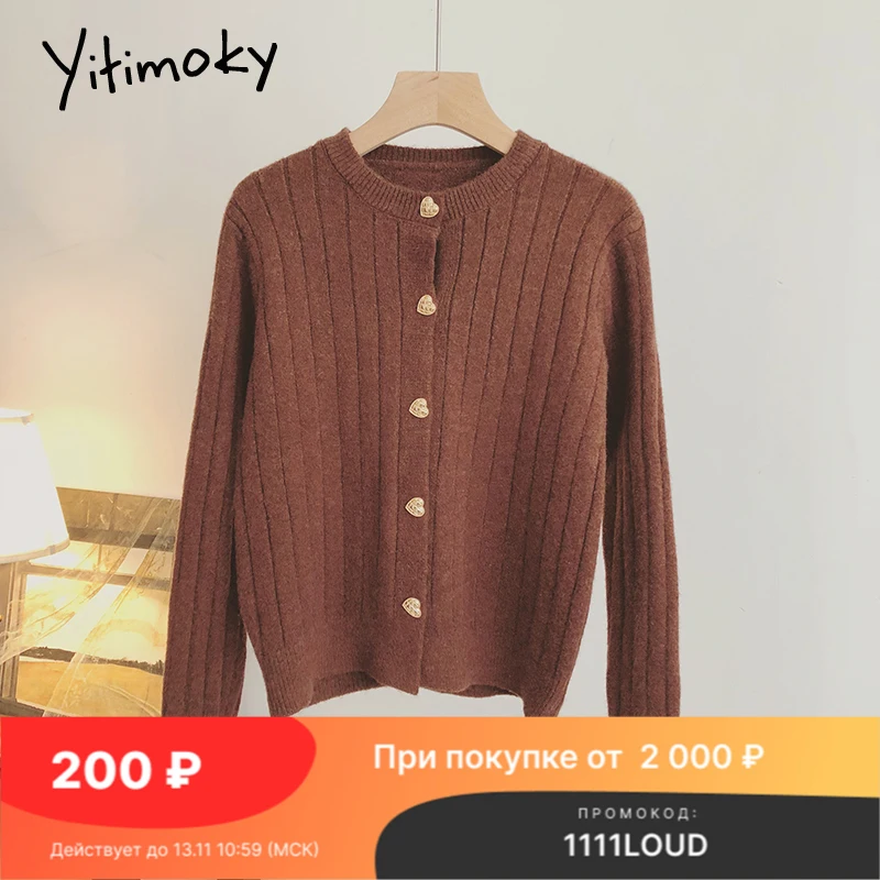 

Yitimoky осень 2021 Женский вязаный кардиган с О-образным вырезом тонкий свитер повседневные услышные пуговицы Куртки модные пальто с длинным ру...