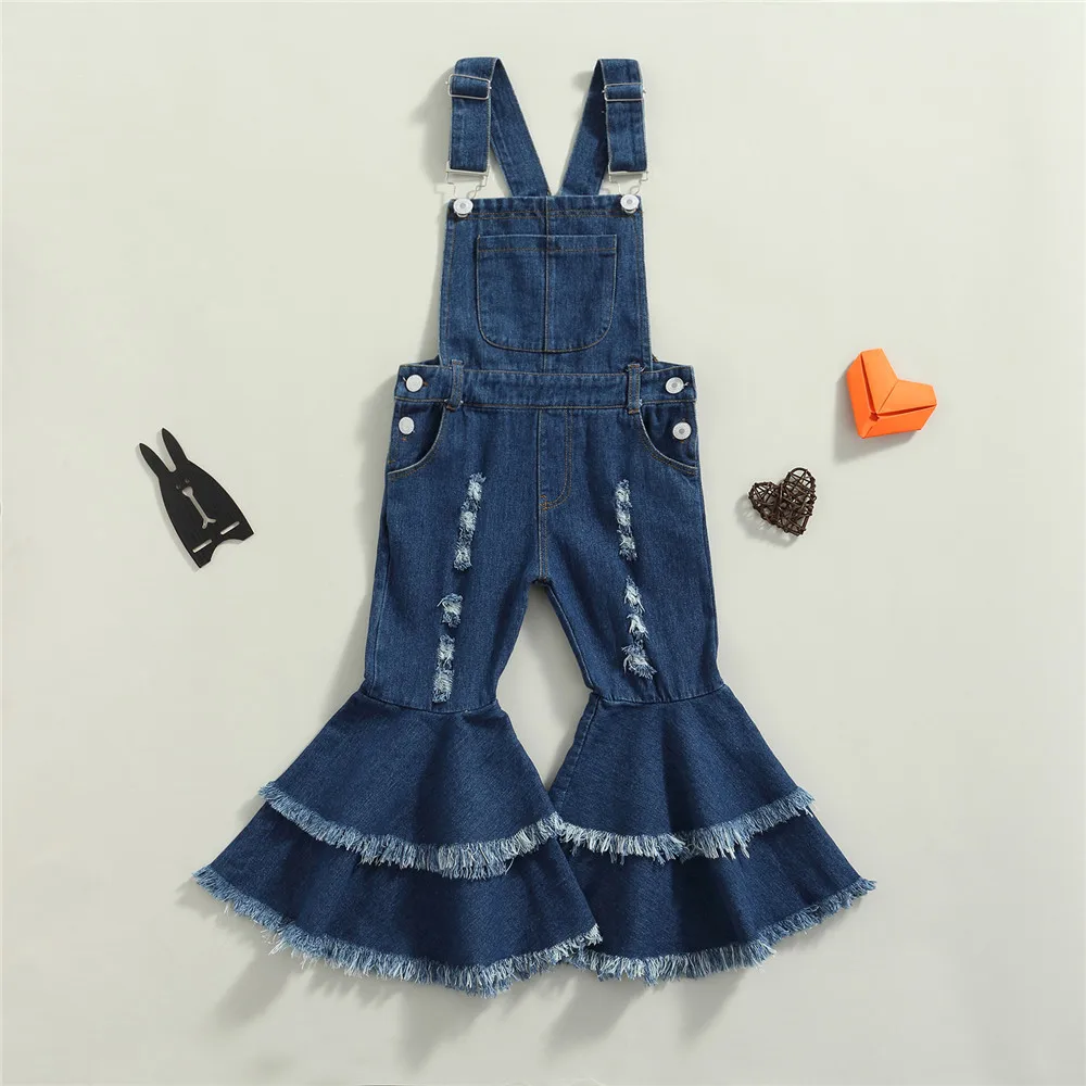 

2-7 Years Kids Girls Suspender Flared Trousers Blue Solid Color Sleeveless High Waist Overalls With Ruffled Hem And Broken Holes