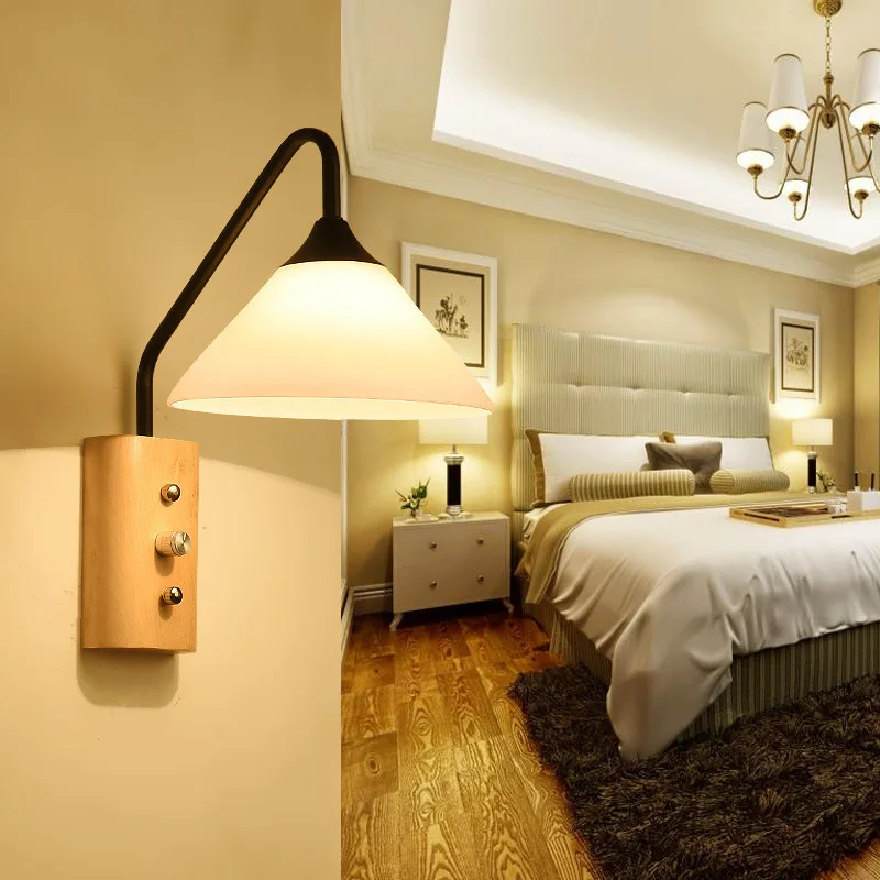 

Bedroom Bedside Reading Wall Lamp Single Head Solid Wood Hotel Guest Room Wall Lamp with Switch Studio Wood Wall Lamp