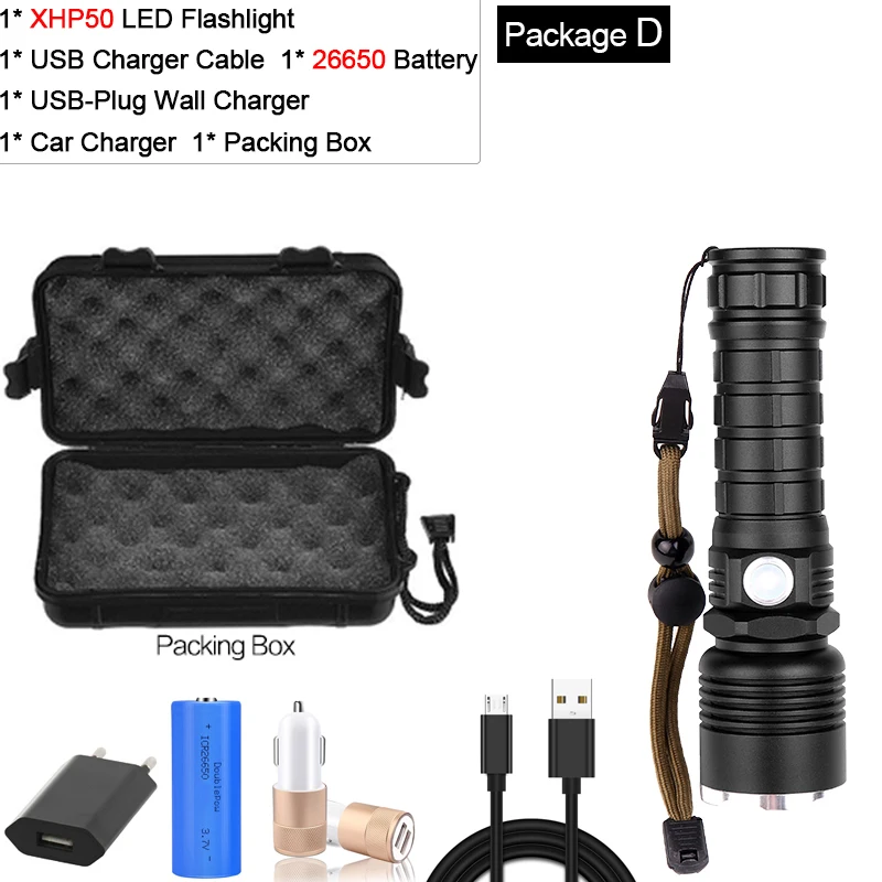 Package D Мощный фонарик XHP70.2 Xlamp светодиодный фонарь XHP50 светодиодный фонарь Водонепроницаемый фонарь с увеличением с батареей 18650 - Испускаемый цвет: Package D