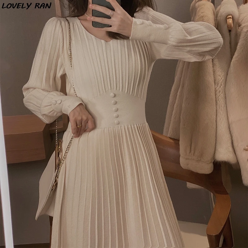 

High Waist Pleated Knitted Women's Dress Long Lantern Sleeve Female Dresses 2021 Spring Elegant Korean Office Lady Vestidos