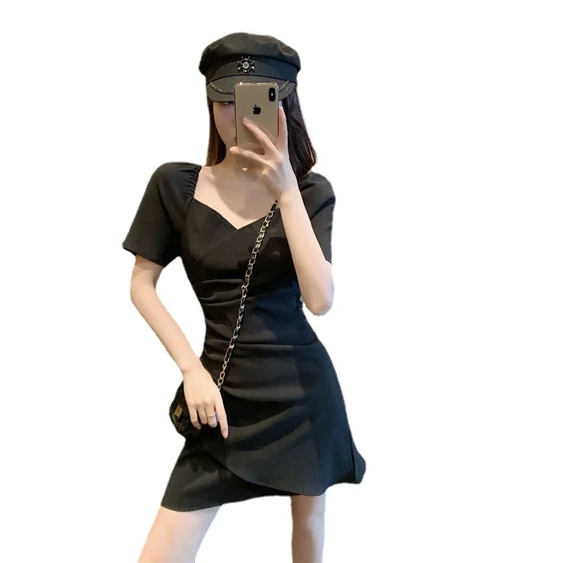 

French skirt female 2021 summer new fashion temperament slim fit pleated puff sleeve thin irregular dress
