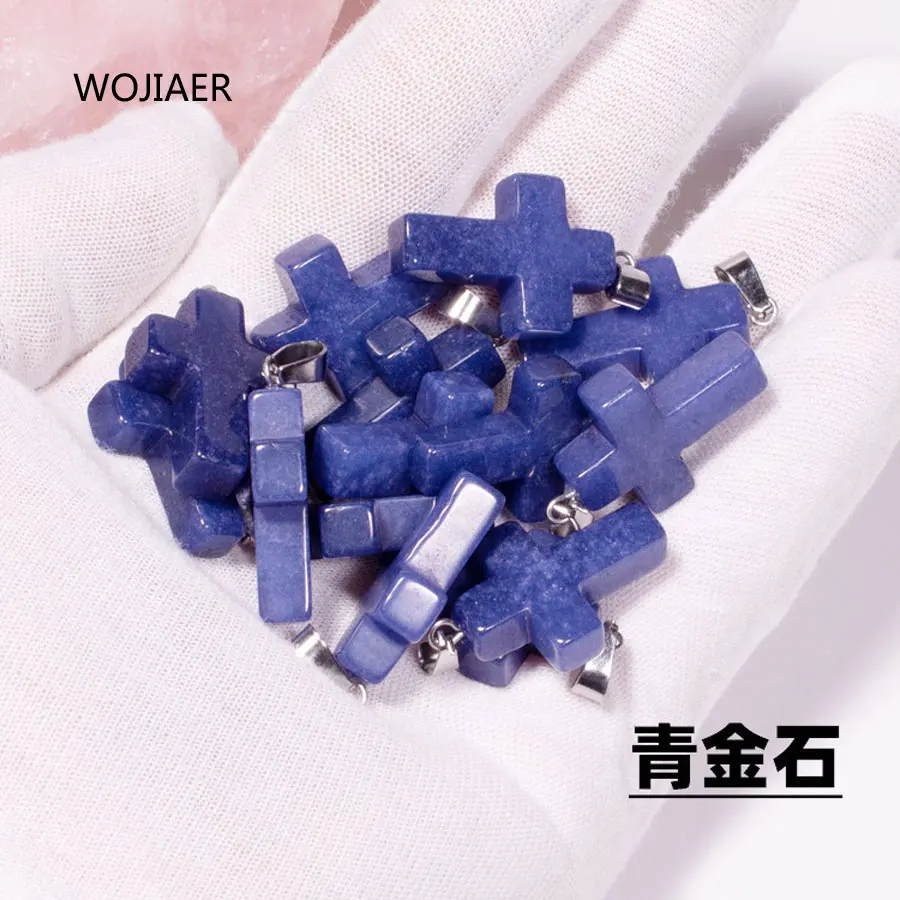 

WOJIAER Stylish Natural Lapis Lazuli Gem Stone Cross Pendant Pendulum Stone 25x18x6mm Energy Handmade Jewelry 1PCS ZM0498