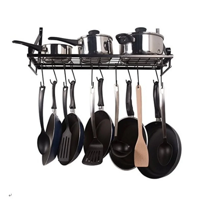

Kitchen Racks Wall Mounted Pot Pan Holders Iron Metal Spoon Scoop Shelves Pots Pan Hanging Storage Organizer Hooks