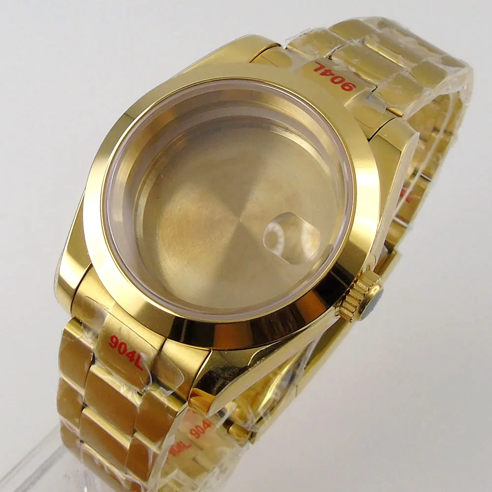Yellow Gold 36mm Polished Watch Case fit NH35A NH36A ETA MIYOTA Oyster Band See-through/Solid Back