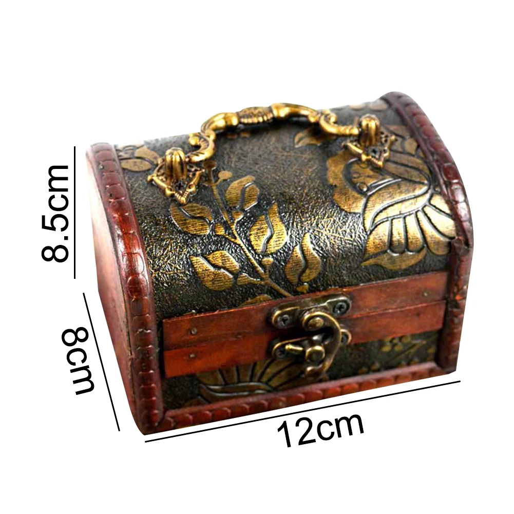 

Vintage Wooden Treasure Chest Box Craved Jewelry Storage Organizer with Lock