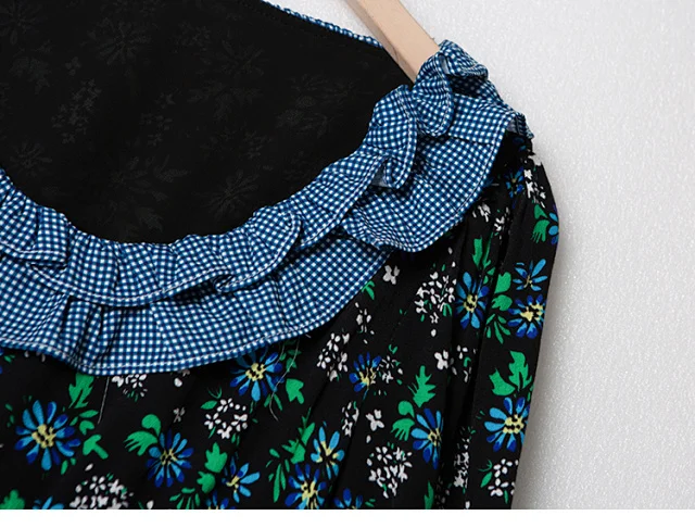 

Women's Floral Print Dress U-Neck Plaid Ruffle Stitching Casual Robe 2021 New Ladies High Waist Mid-Calf Dress