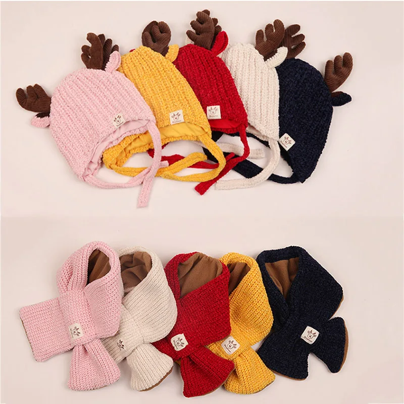 

New Winter Baby Warmer Knitting Hat with Scarf Cute Cartoon Ear Design Infant Cotton Collar Scarves Neckerchiefs Headwear Sets
