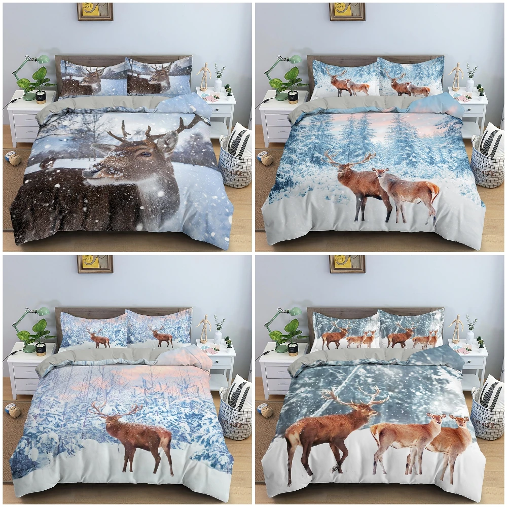 

3D Deer Bedding Set Luxury Soft Duvet Cover Winter Fairy Forest At Sunset King Comforter Cover King Queen Size Bed Set 2/3pcs