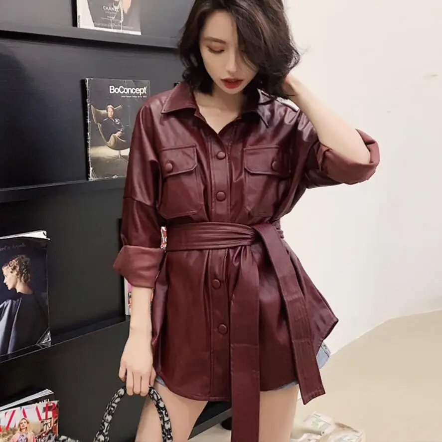 Куртка женская демисезонная из ПУ кожи с отложным воротником|Женские куртки| |