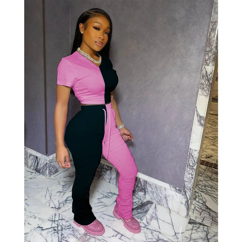 

New Tracksuits Splice Two Piece Set Summer Outfits Women Crop Top and Stacked Pant Lounge Wear Matching Sets Jogging Sweat Suits
