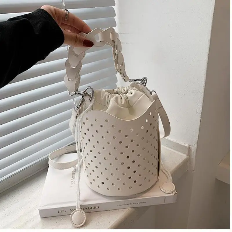 

Women Bag Lady Handbags Hollow Out Drawstring 2021 Summer Bucket Bags For Women Yellow Vintage Luxury Designer Shoulder Bags