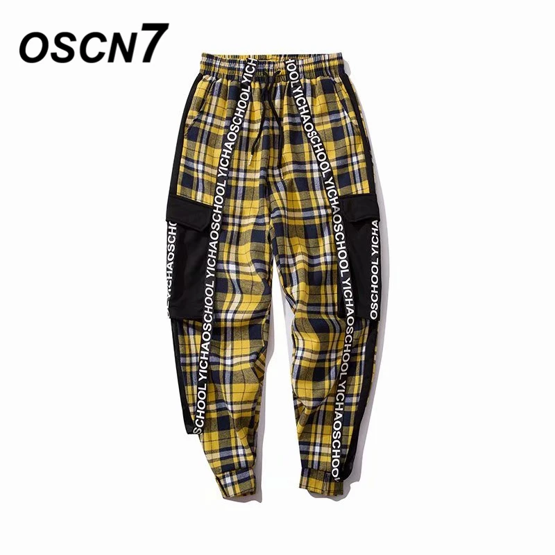 OSCN7 свободные клетчатые свободные спортивные брюки для отдыха мужские модные уличные повседневные хлопковые брюки мужские 130