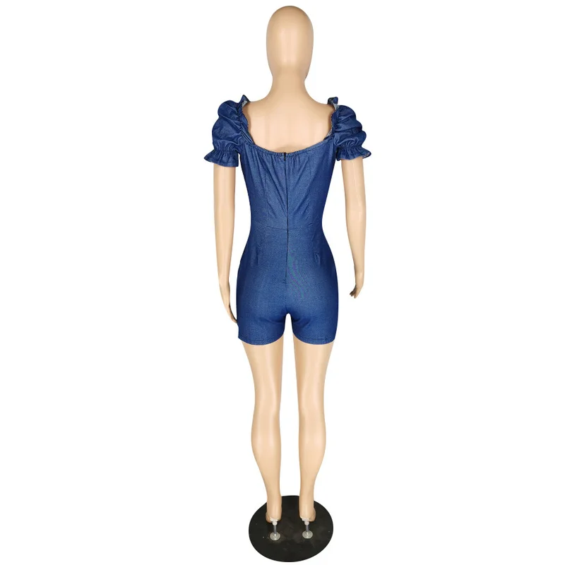 

Puff Sleeve Elegant Denim Playsuit Women Square Neck Bodycon Short Jumpsuit Elegant Ladies Backless Bandage Party Club Bodysuits