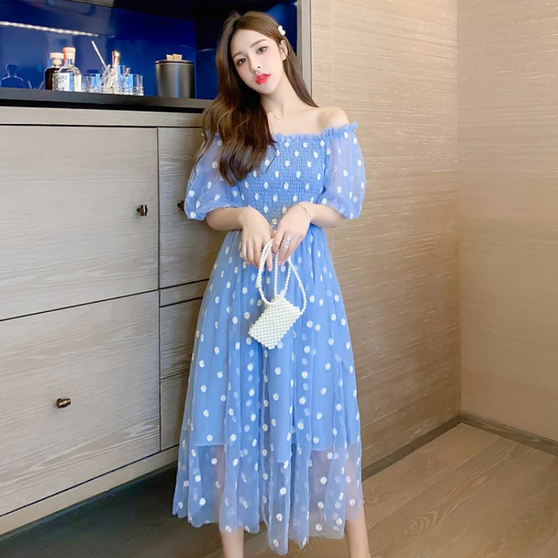 

Embroidered Off-Shoulder Dresses Fairy Chic Gentle Dress Female 2021 New Style Sweet Daisy Printed Mesh Long Floral Dress Female